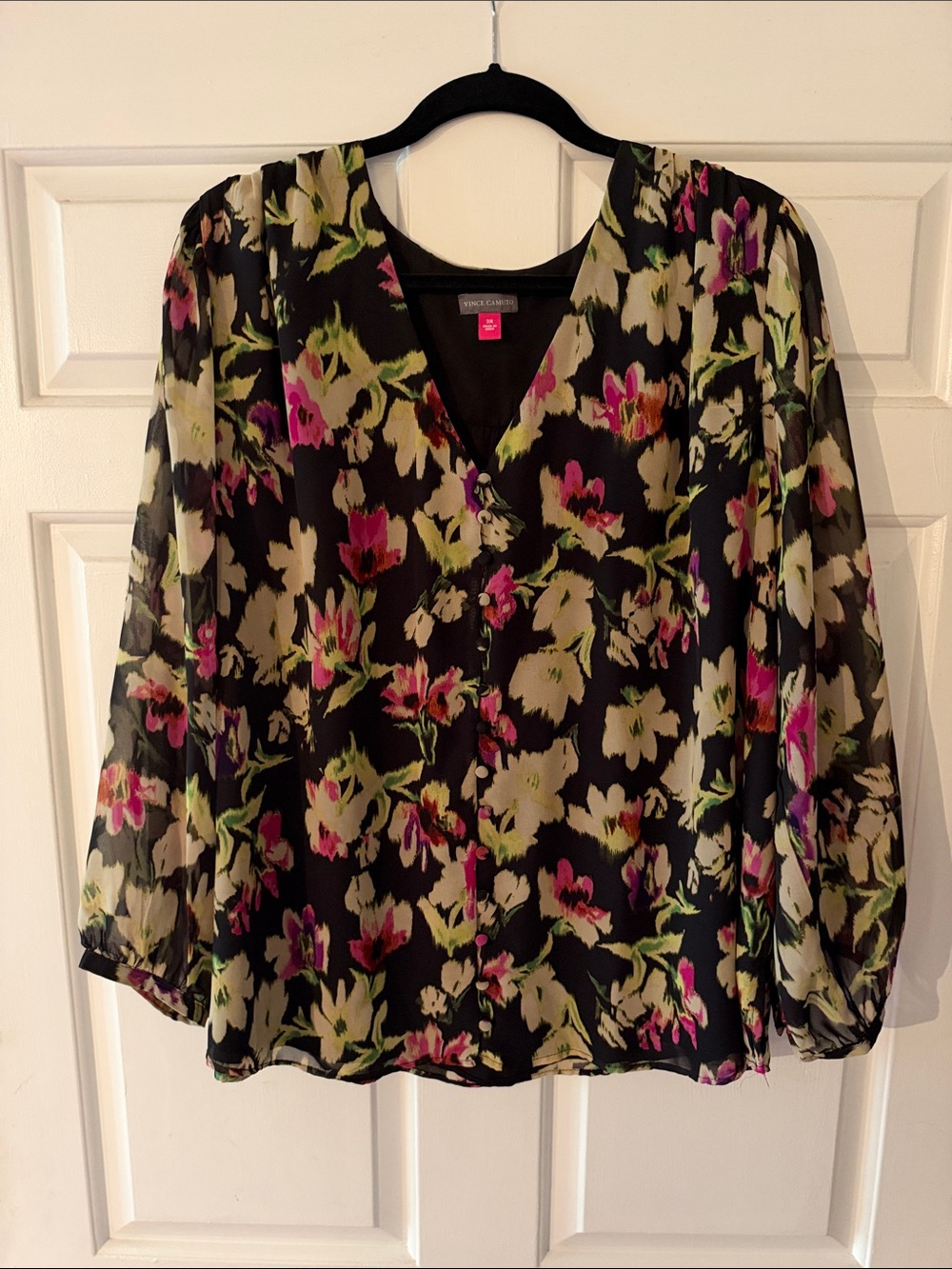 Vince Camuto Black Floral V-Neck Long-Sleeve Blouse with Pink and Green Accents